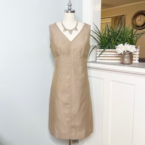 Talbots Gold Metallic Linen V Neck Sleeveless Sheath Dress 6 Small - Picture 2 of 10